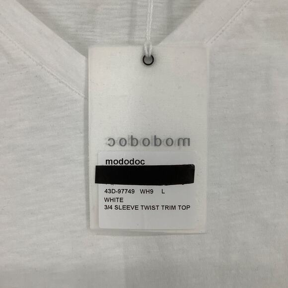 Mododoc Size Large White 3/4 Sleeve Twist Trim Top V Neck Minimalist OS19-17 - Picture 5 of 7